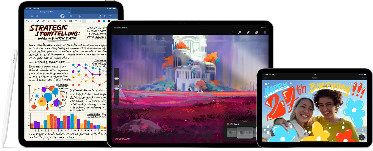 Image of Apple Pencil Pro and Apple Pencil USB-C next to multiple iPad devices displaying examples of handwritten notes and colourful illustrations created with Apple Pencil.