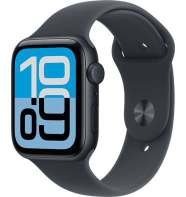 Apple Watch SE 3, aluminium case, midnight colour, Flux watch face, right side exterior, Digital Crown, microphone, side button, midnight Sport Band, silver pin-and-tuck closure