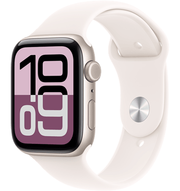 Apple Watch SE 3, aluminium case, starlight colour, Flux watch face, right side exterior, Digital Crown, microphone, side button, starlight Sport Band, silver pin-and-tuck closure