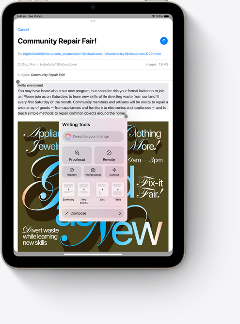 iPad mini showing Writing Tools in Mail, a new Apple Intelligence feature.