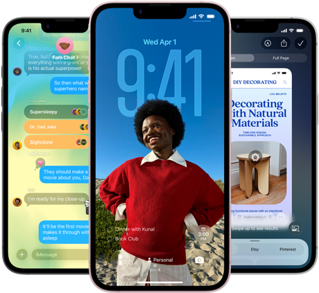 Три iPhone 17e устройства показват приложението Съобщения с Liquid Glass дизайн, динамичен Lock Screen и Visual Intelligence