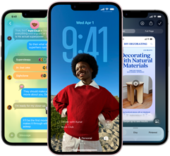 Три iPhone 17e устройства показват приложението Съобщения с Liquid Glass дизайн, динамичен Lock Screen и Visual Intelligence
