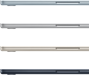 Странични екстериори на четири лаптопа MacBook Air, представящи четирите различни повърхности