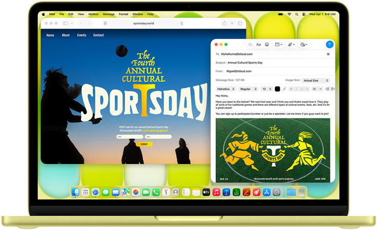 MacBook Neo, цвят цитрус, потребител пише имейл покана за изложба, като уебсайтът за събитието също е отворен