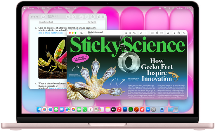 MacBook Neo, цвят руж, екранът показва статия за биомимикрия и тест на подобна тема.