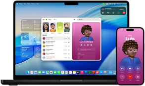 MacBook Pro и iPhone 16 Plus, приложението Телефон е отворено, един и същи контакт е показан и на двата екрана