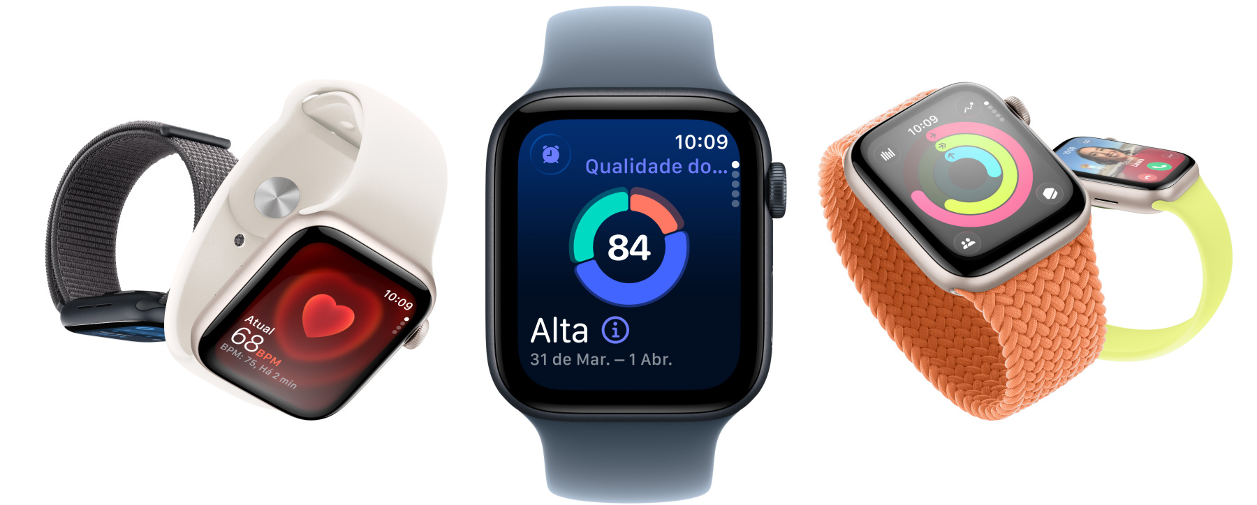 Relógios Apple Watch SE 3 com caixas de alumínio disponíveis nas cores estelar e meia-noite mostrando apps como Sinais Vitais, Batimentos, Qualidade do Sono, círculos de Atividade e uma chamada recebida