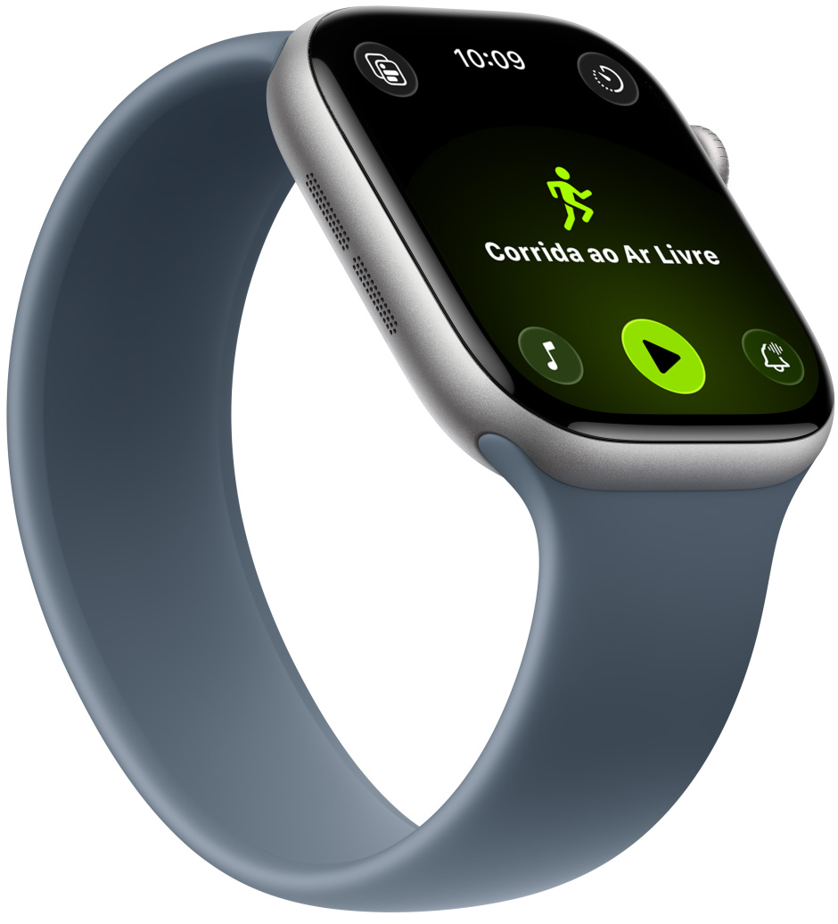 Apple Watch Series 11 com caixa cinza-espacial de alumínio, treino Corrida ao Ar Livre, controles do Apple Music na parte inferior da tela, pulseira loop solo azul-âncora.