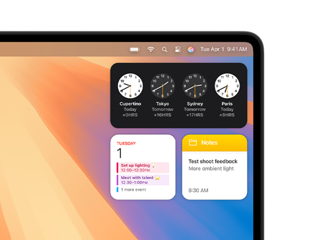 Vários widgets na tela do Mac, incluindo Relógio, Calendário e Notas.