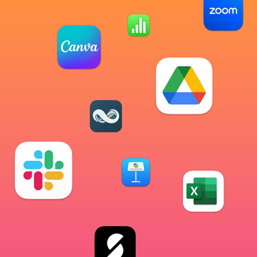 Ícones de apps de produtividade, como Slack, Canva, Google Workspace, Zoom, NetSuite, Keynote, Excel, SumUp e Numbers, em um fundo colorido.