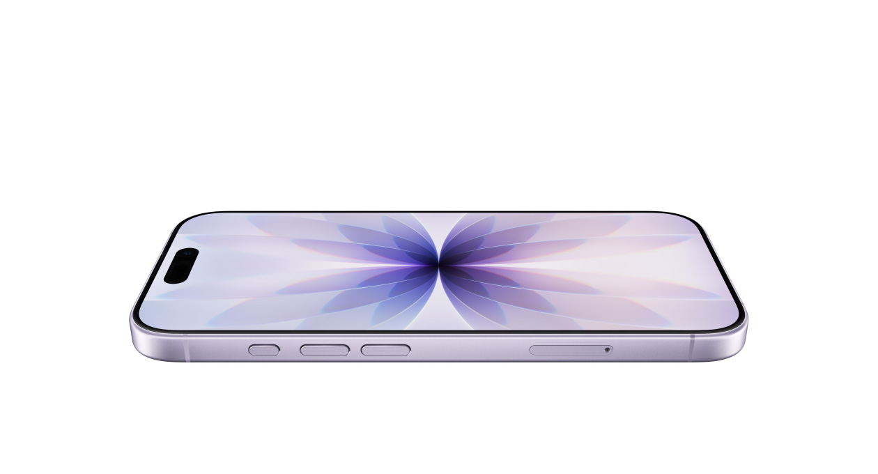 Parte da frente e lateral do iPhone 17 lavanda com Ceramic Shield mostrando os botões de Ação e volume e a Dynamic Island centralizada na parte superior