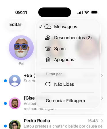 App Mensagens mostrando o novo recurso de ferramentas de filtragem que agora separa os números desconhecidos em uma seção chamada Remetentes Desconhecidos