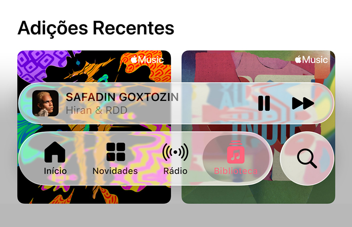 Controles translúcidos no Apple Music refratam o fundo.