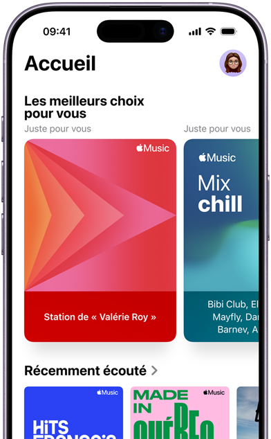 Écran d’iPhone montrant l’onglet Accueil d’Apple Music, le carrousel Les meilleurs choix pour vous montre les stations et listes de lecture personnalisées de Valérie Roy
