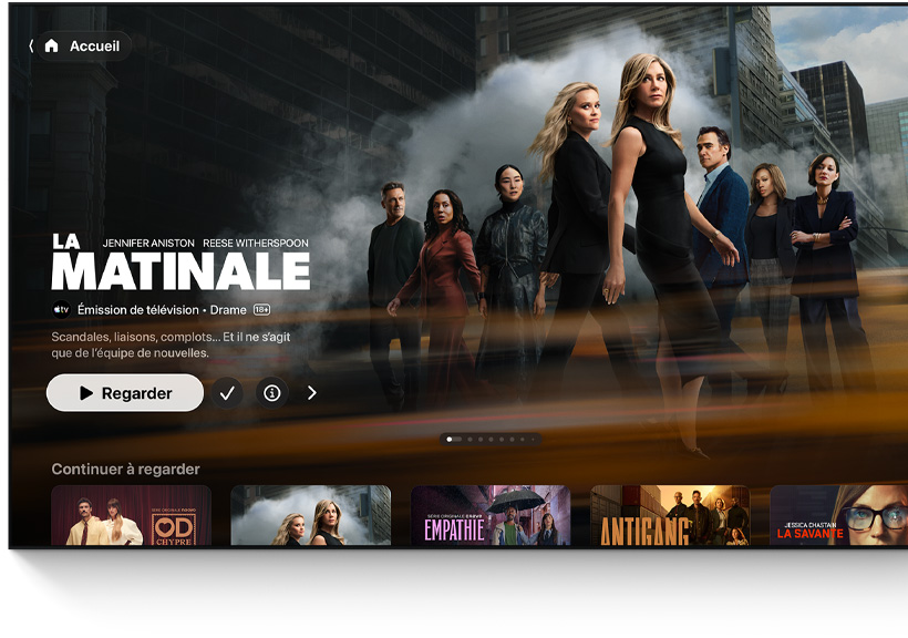 Téléviseur à écran plat montrant l’interface de l’écran d’accueil de l’app Apple TV