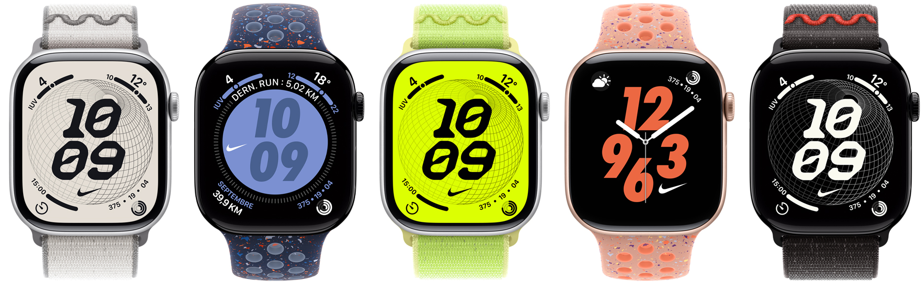 Appareils Apple Watch, bracelets Nike : bracelet sport à rabat Nike gris voilé, bracelet sport Nike ruban bleu, bracelet sport à rabat Nike Splash Volt, bracelet sport Nike rose crépuscule, bracelet sport Nike noir minuit, cadrans Nike : Globe, Hybride, Rebond, Numérique