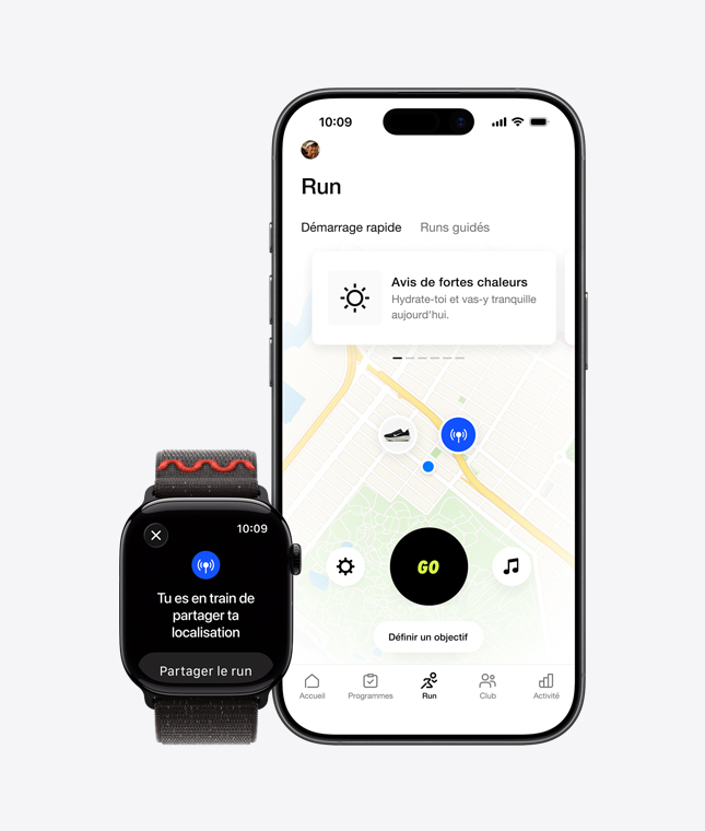 Apple Watch Series 11, partage de la position à l’écran, iPhone 17, l’app Nike Run Club fait le suivi d’une course à l’extérieur
