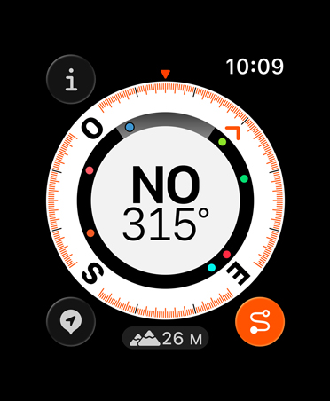 Fonctionnalité Itinéraire de retour, données : boussole, altitude, points de cheminement marqués