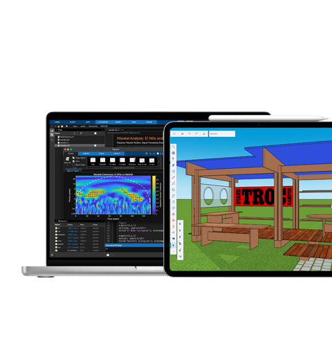 Écran de Mac affichant MATLAB, écran d’iPad affichant Shapr3D