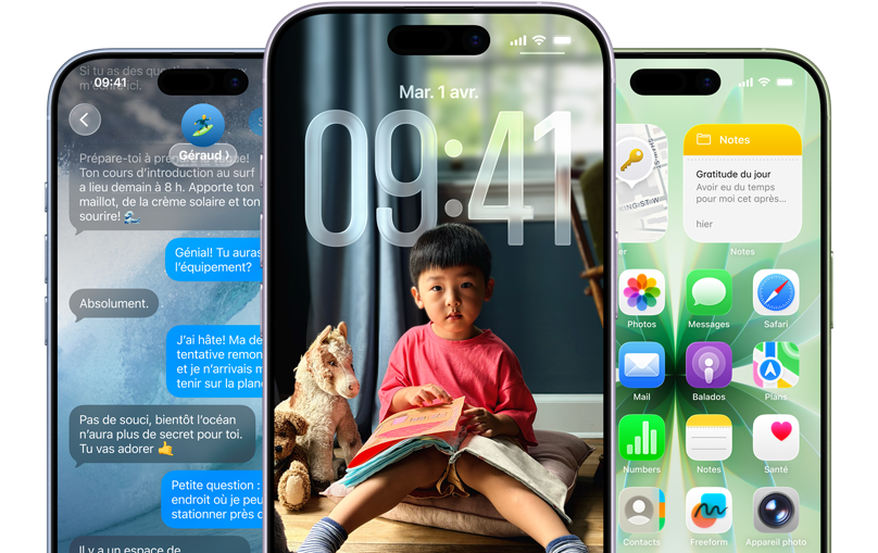 Des iPhone 17, face avant, couleurs : bleu aube, lavande, sauge; fonctionnalités iOS – arrière-plan dans Messages, Liquid Glass sur l’écran verrouillé et l’écran d’accueil, affichant plusieurs apps