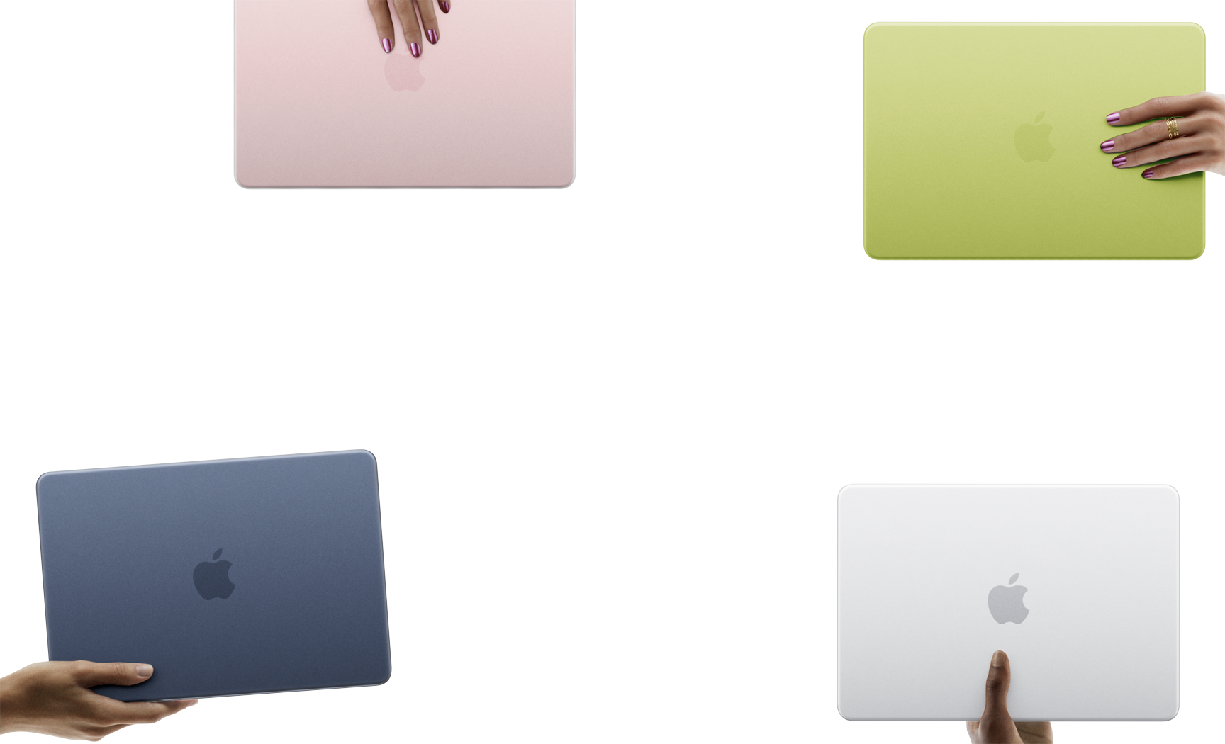 Des portables MacBook Neo de différentes couleurs, chacun tenu par une main différente