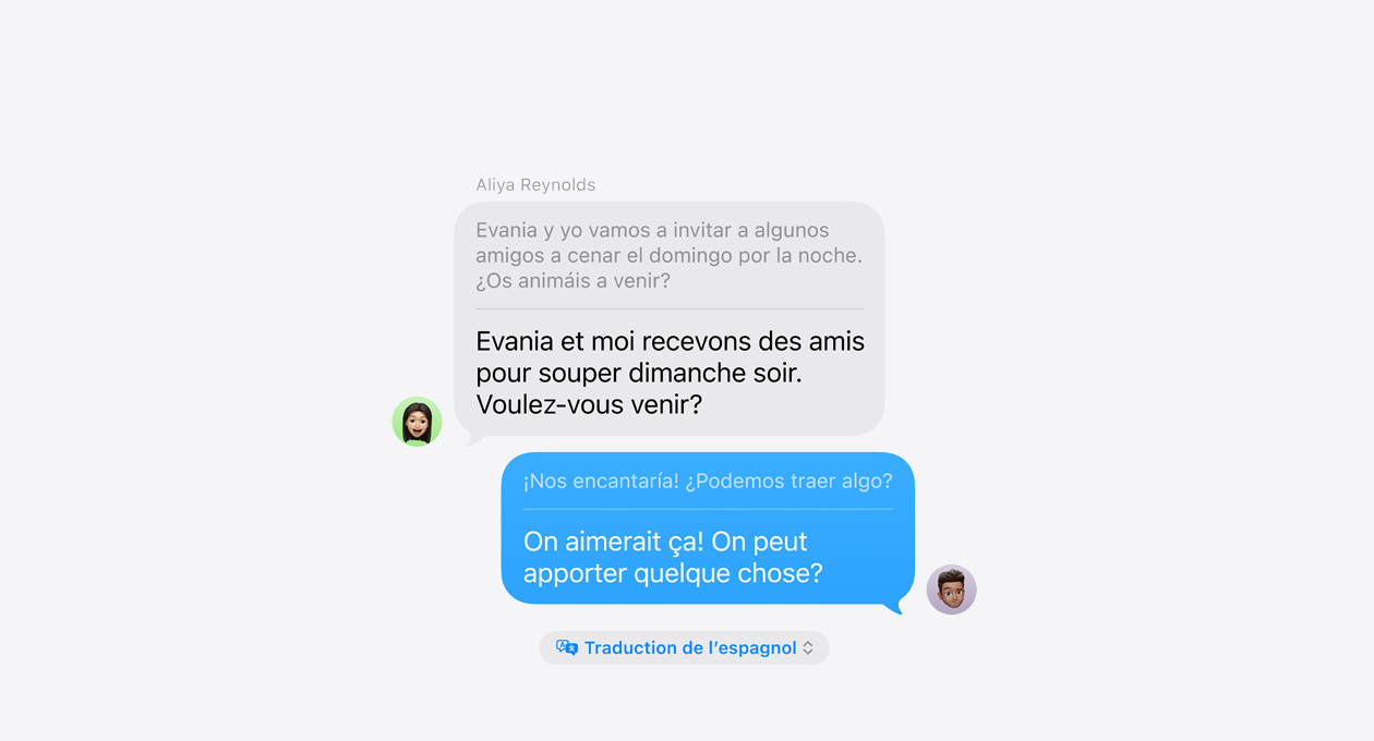 Traduction en direct dans Messages, montrant un exemple de traduction automatique en espagnol et en anglais
