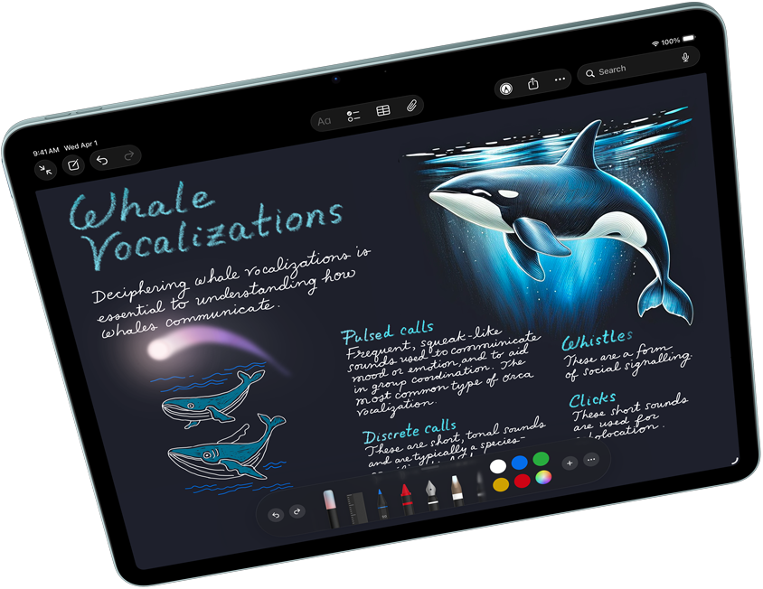 Landscape view of iPad Air showcasing Apple Intelligence with Image Playground, Keynote and Apple Pencil Pro