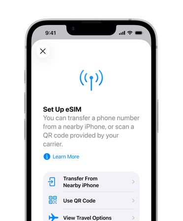 iPhone 17e, front exterior, using the Set Up eSIM feature to easily transfer a phone number from a nearby phone or using a QR Code