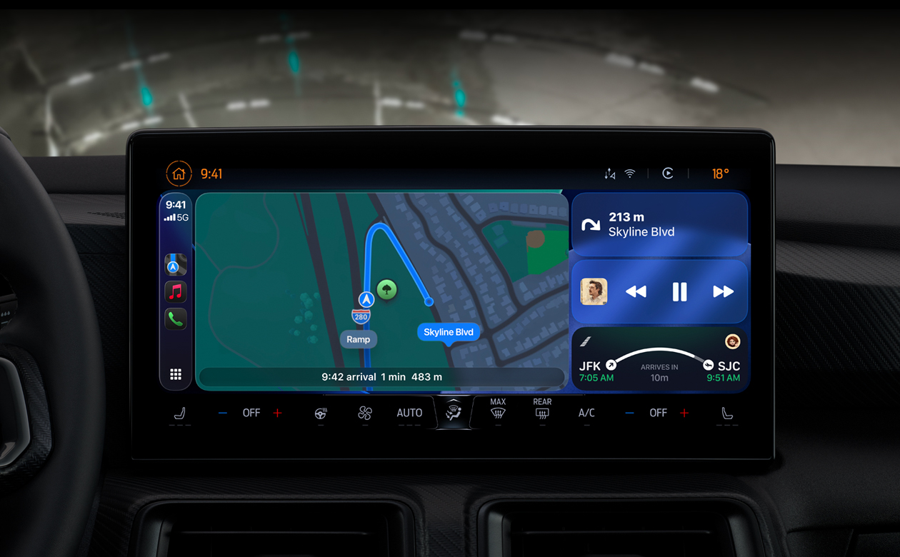 CarPlay in a car displaying directions on Maps, Apple Music, flight information and widgets