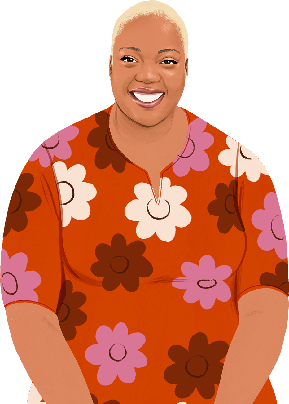 Ilustração da Nafisah sorrindo, olhando para a pessoa que lê o texto; surge um iPad exibindo um símbolo de coração.