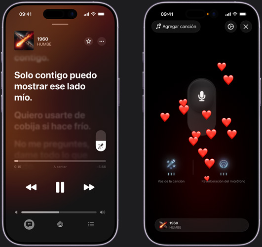 iPhone a la izquierda muestra el modo Apple Music Sing en el iPhone con la canción '1960' de HUMBE, el iPhone a la derecha muestra el modo Apple Music Sing en el iPhone con emojis de corazón que suben por la pantalla, el ícono de micrófono en medio de la pantalla, y los íconos de 'Voces de la Canción' y 'Reverberación' en la parte inferior