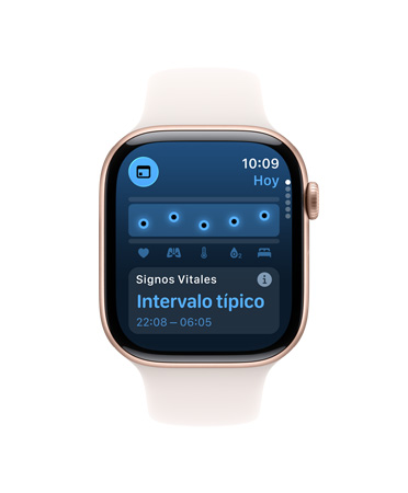 Apple Watch Series 11, caja de aluminio, color oro rosa, app Signos Vitales, gráfica con puntuaciones de salud, notificación de valores normales de signos vitales nocturnos, parte lateral derecha: Digital Crown, correa deportiva rosa rubor