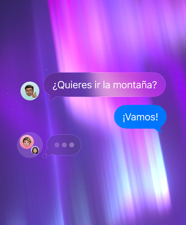 Chat grupal en Mensajes, con un fondo abstracto rosado, morado y azul
