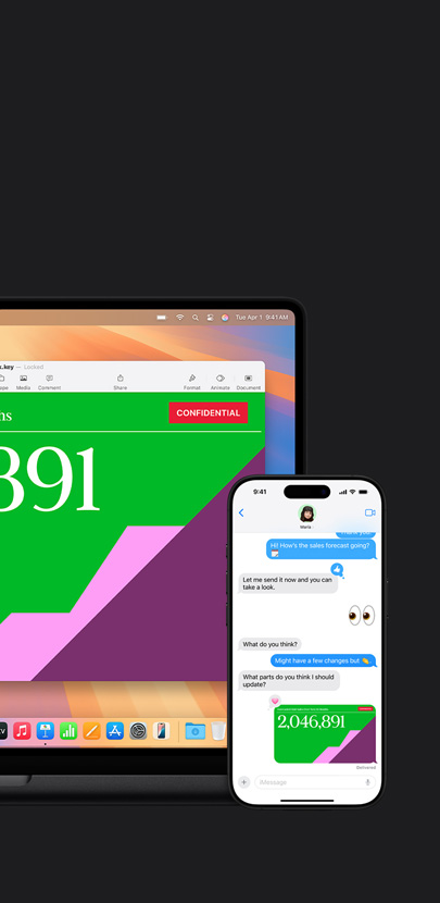Una presentación en la pantalla de un Mac. Frente al Mac hay un iPhone donde se muestra un intercambio de textos y una presentación compartida.