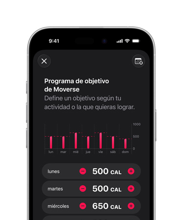 Detalles de la programación del objetivo diario Moverse en un iPhone 17
