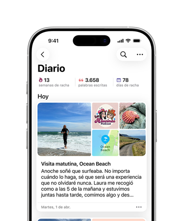 Entrada diaria abierta en la app Diario, fotos de un día de playa y texto sobre los sueños en un iPhone