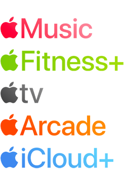 Logotipos de servicios de suscripción de Apple, como Apple Music, Fitness+, Apple TV, Apple Arcade y iCloud