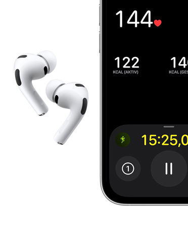 AirPods Pro 3, Farbe Weiß, In‑Ear Kopfhörer, Ohreinsätze Silikon, Mikrofon, iPhone, Outdoor-Lauftraining auf dem Display