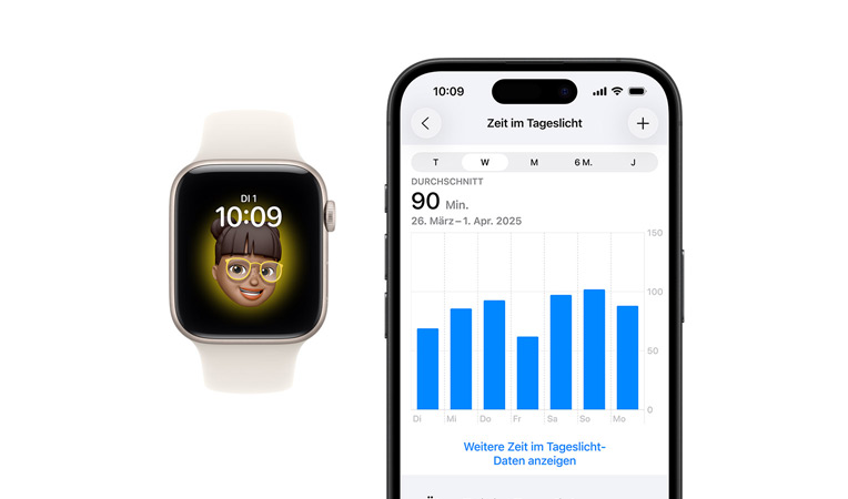Apple Watch SE 3, Aluminiumgehäuse, Farbe Polarstern, Memoji Zifferblatt, iPhone, Health Teilen Tab mit Zeit im Tageslicht
