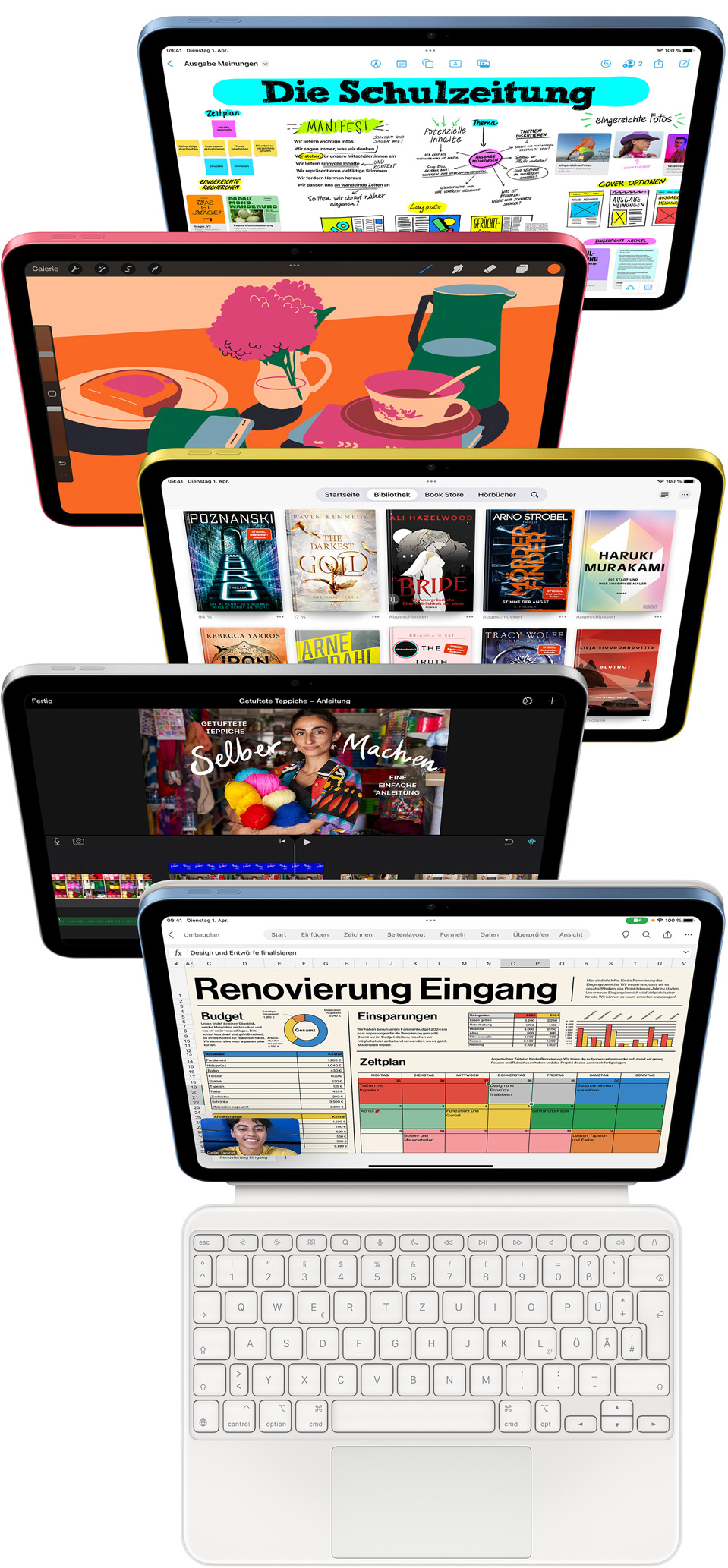 Vorderansicht von iPad Displays, die mehrere verschiedene Apps anzeigen, darunter Freeform, ProCreate, Bücher, iMovie und Microsoft Excel mit Webex Meetings.