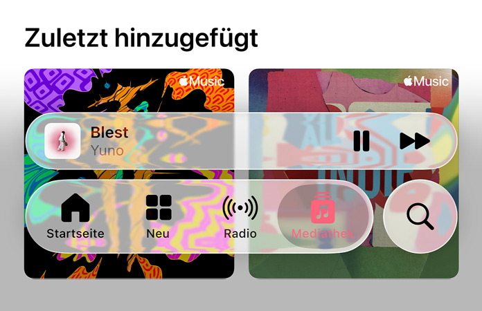 Transluzente Steuerelemente in Apple Music stellen den Hintergrund mit einem Lichtbrechungseffekt dar.