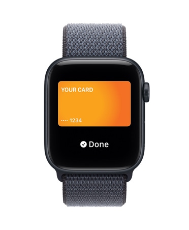 Apple Watch SE 3, aluminum case, midnight color, Apple Pay in Apple Wallet, right side exterior, Digital Crown, band, Sport Loop, anchor blue color