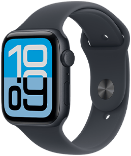 Apple Watch SE 3, aluminum case, midnight color, Flux watch face, right side exterior, Digital Crown, microphone, side button, midnight Sport Band, midnight pin-and-tuck closure