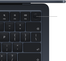 MacBook Airi klaviatuur, parem ülaosa, näitamas Touch ID nupu asukohta