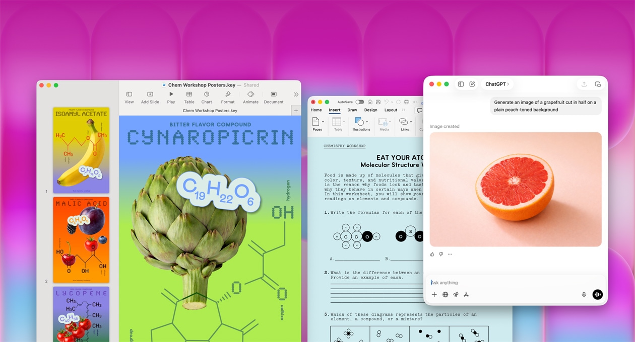 ChatGPT kasutamine greibist pildi loomiseks; teistes akendes on Keynote’i dokument pealkirjaga „Molecule posters“ puu- ja köögiviljade piltide ning nendega seotud molekulaarühenditega ja seonduv Microsoft Wordi dokument