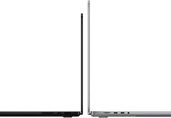 14- ja 16-tolline MacBook Pro, tagaküljed vastakuti, demonstreerimas suuruste erinevust ja rõhutamas peenikest profiili