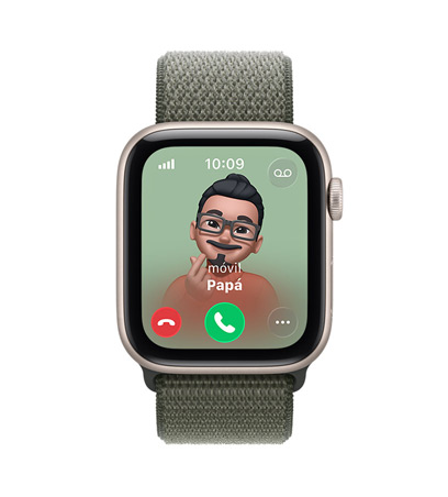 Apple Watch SE 3, caja de aluminio, color blanco estrella, llamada entrante de Papá, foto de contacto de Memoji, botones de aceptar y rechazar llamada