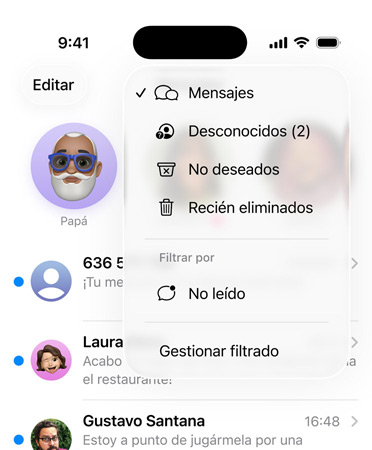 La app Mensajes con las nuevas herramientas de detección capaces de filtrar los números desconocidos y mandarlos a una carpeta llamada Remitentes Desconocidos