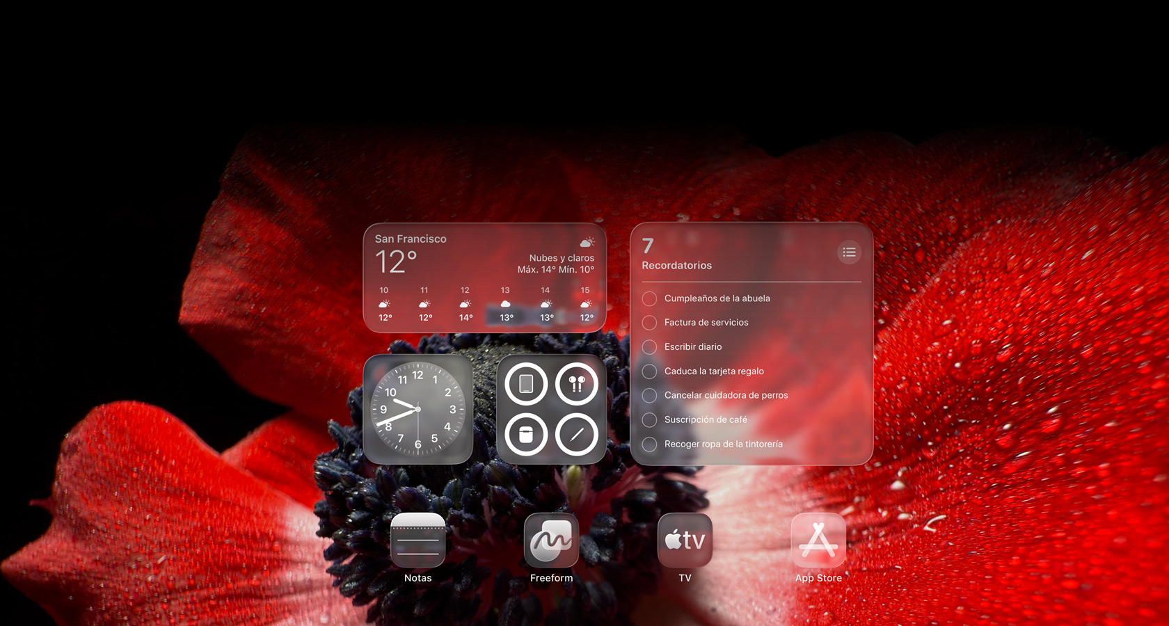 En la pantalla de bloqueo aparecen los iconos de las apps Tiempo, Recordatorios y Reloj con el efecto Liquid Glass translúcido y un fondo refractante
