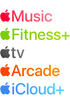 Apple subscription services logotypes including Apple Music, Fitness+, Apple TV, Apple Arcade, iCloud+